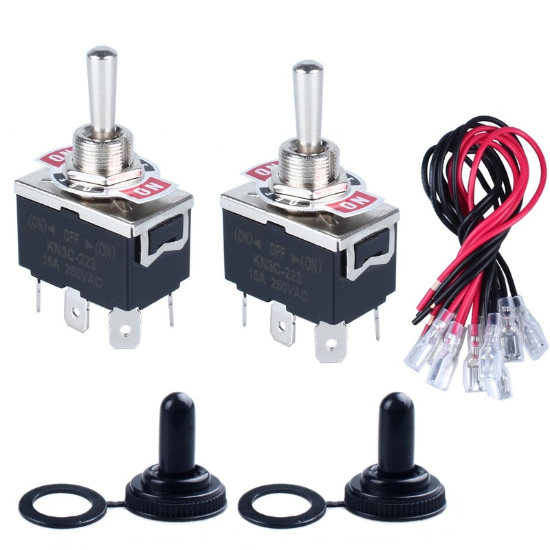 DMWD 2pcs Heavy Duty Rocker Toggle Switch 30A 12VDC 20A 120V DPDT 6 Pins 3 Positions (ON)-Off-(ON) Momentary with Waterproof Boot Cap pre-Wired Cables for Auto Car Truck Boat Marine - Image 1